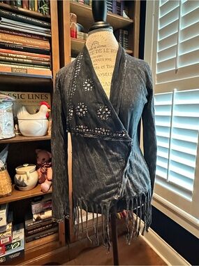 Vocal Black Fringed Wrap Jacket with Stud Detail